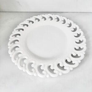 vintage Fenton milk glass dinner plate open lace edge reverse C scroll border